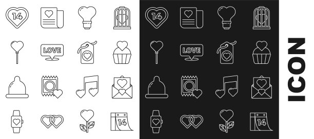 集线日历与2月14日，信封情人心，婚礼蛋糕，心形灯泡，语音泡泡文本爱，气球形式，和标签图标。向量图片下载