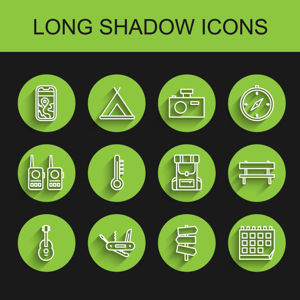 设置线吉他，瑞士军刀，城市地图导航，道路交通路标，日历，气象温度计，长凳和徒步旅行背包图标。向量图片下载