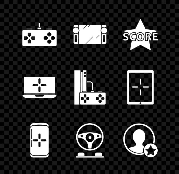 设置手柄，便携式视频游戏机，明星，智能手机和玩，赛车模拟器驾驶舱，高级创建帐户屏幕，笔记本电脑和操纵杆图标。向量图片下载