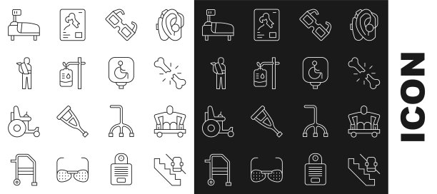 残疾电梯，无腿坐轮椅的人，骨折的人，眼镜，静脉输液袋，手臂，医院病床和图标。向量图片下载