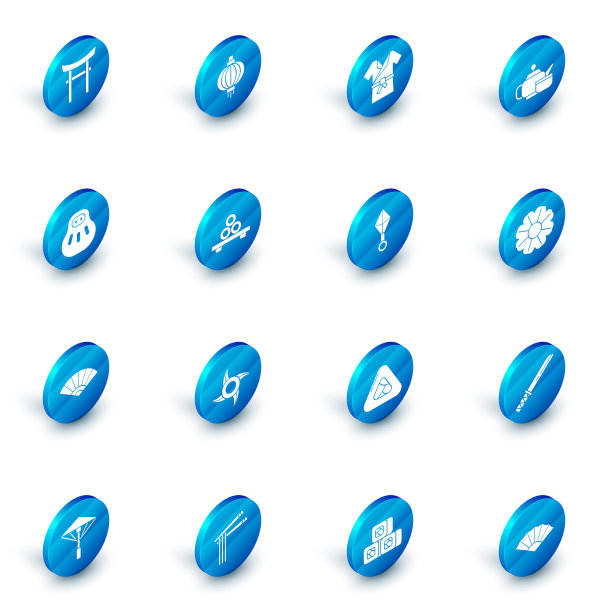 设置日本纸灯笼，服装和服，茶道，Maneki neko猫，纸中国或日本折扇，寿司切板，花和忍者飞镖图标。向量图片下载