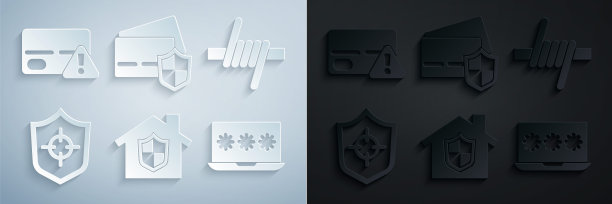 设置房子在保护下，铁丝网，盾牌，笔记本电脑密码，信用卡盾牌和图标。向量图片下载