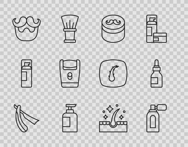 直发剃须刀，须后水喷雾器，发胶蜡，洗发精，胡须，电动刀片，油护理和瓶子图标。向量图片下载