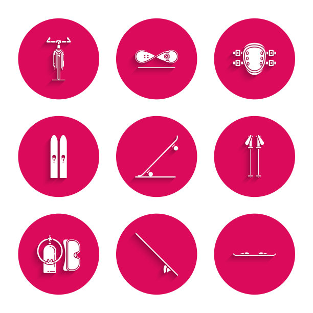 设置滑板，冲浪板，滑雪板，滑雪杆，潜水面罩和水肺，棍子，护膝和自行车图标。向量图片下载