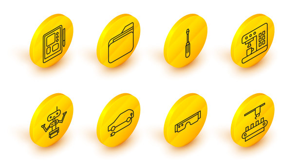 设置生产线工厂输送系统皮带，智能眼镜，电动汽车，机器人，咖啡机，螺丝刀，文件夹和图形平板图标。向量图片下载