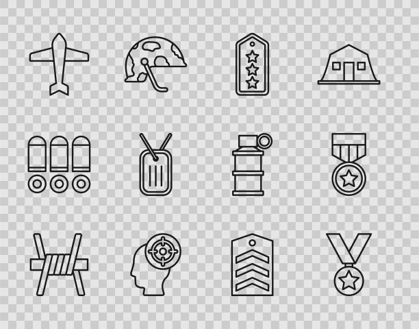 设置线带刺铁丝网，军事奖励奖章，军衔，目标运动，喷气式战斗机，狗标签，雪佛龙和图标。向量图片下载