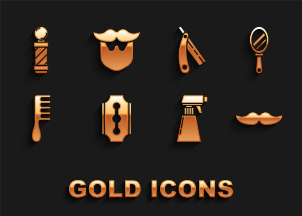 设置刀片剃须刀，手镜，胡子，理发师手枪喷瓶，发刷，直，经典的理发店杆和胡子图标。向量图片下载