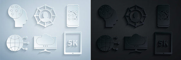 设置电脑显示器屏幕，移动和图形密码保护，全球科技社交网络，平板电脑文本5k，项目团队基地和人脑数字电路板图标。向量图片下载
