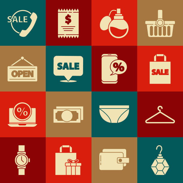 设置耳环，衣架衣柜，购物袋与销售，香水，挂标志，开放，电话24小时支持和百分比折扣和图标。向量图片下载