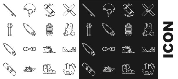 设置线手套，滑冰公园，降落伞，滑板技巧，冲浪板，滑雪杆，和攀登者绳索图标。向量图片下载