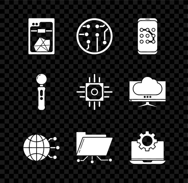 设置3D打印机、处理器、手机和图形密码保护、全球科技社交网络、文件夹锁、笔记本设备、手柄和图标。向量图片下载