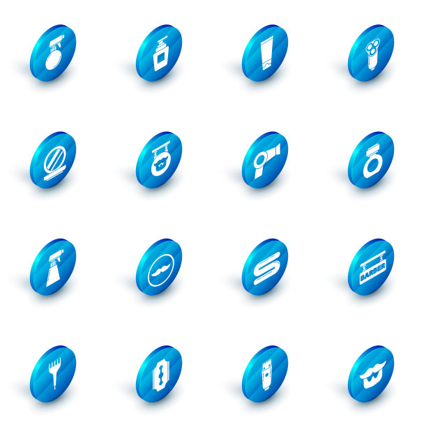 洗发膏或乳液化妆品管，男士电动剃须刀片，化妆粉带镜子，美发师手枪喷雾瓶，理发店，须后水和烘干机图标。向量图片下载