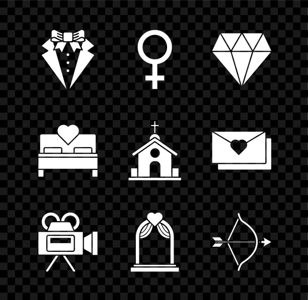 套装，女性性别符号，钻石，电影摄影机，婚礼拱门，弓和箭，卧室和教堂建筑图标。向量图片下载