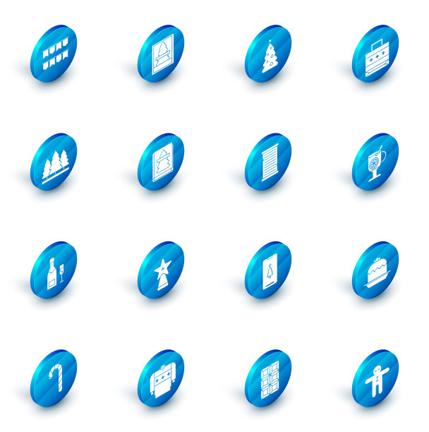 设置圣诞明信片，圣诞树与装饰，纸购物袋，树，香槟瓶和香槟，书，热葡萄酒饮料和愿望清单模板图标。向量图片下载