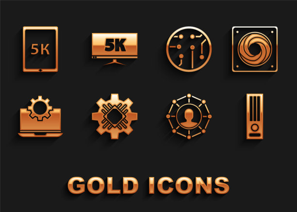 设置处理器，计算机冷却器，视频游戏控制台，项目团队基地，笔记本电脑和装备，平板电脑与文本5k和显示器显示视频图标。向量图片下载