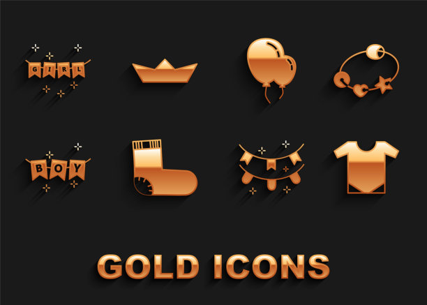 设置婴儿袜子衣服，拨动婴儿玩具，连体衣，嘉年华花环与旗帜，气球丝带，折叠纸船的图标。向量图片下载