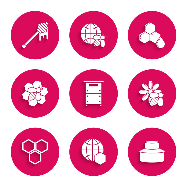 设置蜂巢为蜜蜂，蜂巢地图的世界，养蜂人保护帽，和花，蜂巢，和勺子棒滴图标。向量图片下载