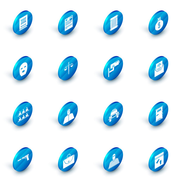 设置诉讼纸，法令，纸，羊皮纸，卷轴，钱袋，小偷面具，陪审员，正义的天平，传票和安全摄像头图标。向量图片下载