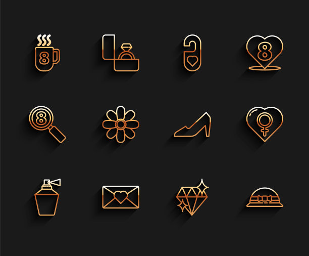 集香水，信封与3月8日，咖啡杯，钻石，优雅的女性帽子，花，女性性别在心和女性鞋图标。向量图片下载