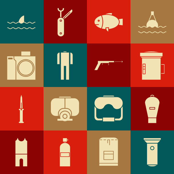设置手电筒，升降袋，潜水员大手电筒，鱼，潜水服水肺潜水，照片相机，鱼翅海浪和鱼叉图标。向量图片下载