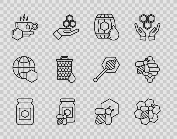 集线罐蜂蜜，蜜蜂和蜂房，木桶，蜜蜂，杯茶，蜂房，和蜂箱图标的蜜蜂。向量图片下载