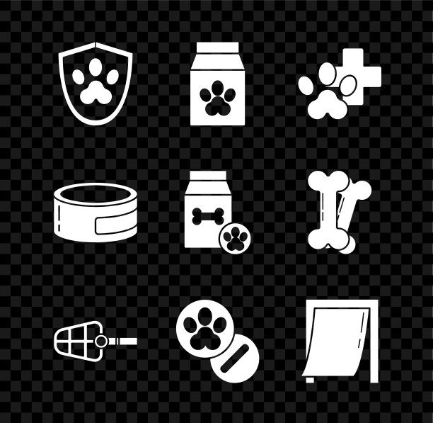设置动物健康保险，宠物食品袋，兽医诊所符号，狗的口套，和药丸，门，罐头和图标。向量图片下载