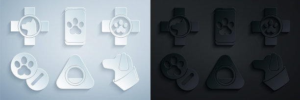 设置宠物床，兽医诊所符号，狗和药丸，在线兽医和图标。向量图片下载