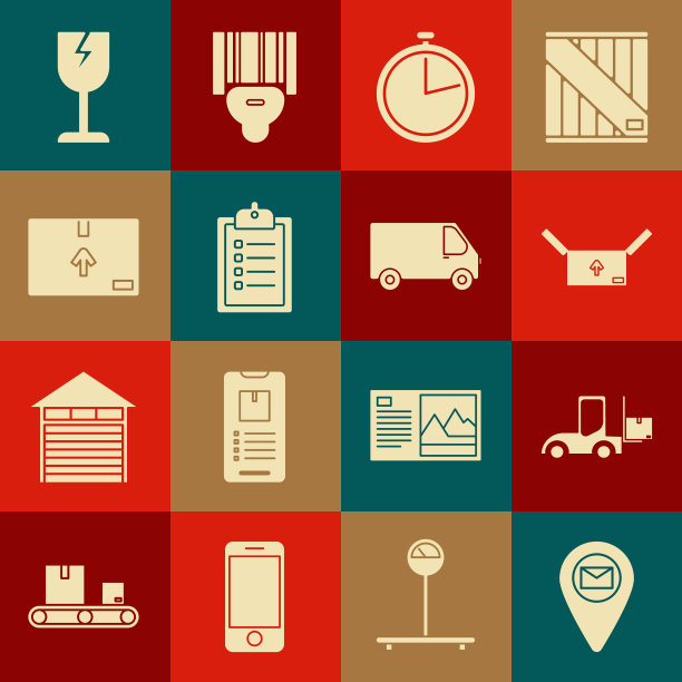 在地图纸上设置占位符、叉车、带交通符号的纸箱、秒表、送货清单验证剪贴板、易碎玻璃、送货货车图标。向量图片下载