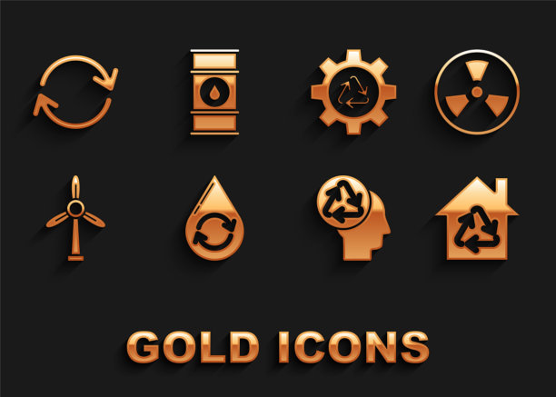 设置回收清洁水，放射性，生态房子与回收符号，人类头部回收，风力涡轮机，和齿轮，刷新和石油桶线图标。向量图片下载