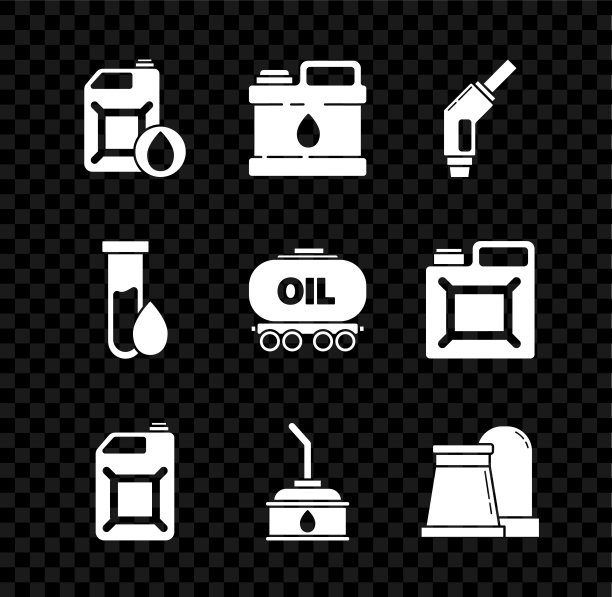 集汽机油罐、汽油泵喷嘴、汽油、工业厂房油罐、汽油试管和铁路油罐图标于一体。向量图片下载