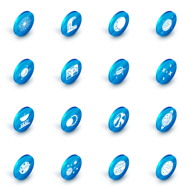 设置宇航员头盔，月亮，金星，绕地球运行的卫星，碟，夜空天体图，坠落的星星和UFO飞行的飞船图标。向量图片下载