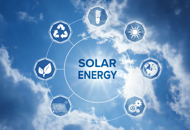 太阳能的概念。方案与图标和天空的背景图片下载