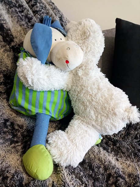 两个孩子的软玩具在沙发上的一个白熊和一个有趣的驴子之间拥抱的照片图片下载