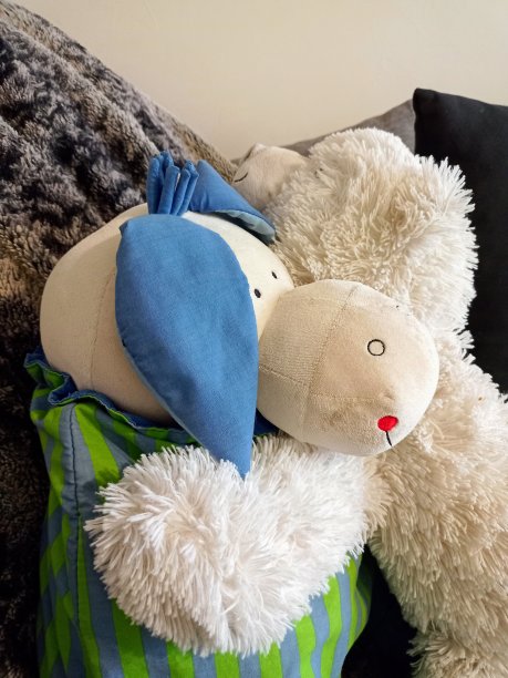 两个孩子的软玩具在沙发上的一个白熊和一个有趣的驴子之间拥抱的照片图片下载