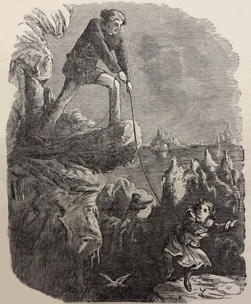 古玩插画——一个男人用绳子把一个小女孩从悬崖上举起来图片下载