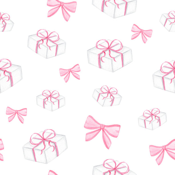 水彩手绘粉红色礼品盒和蝴蝶结无缝图案在白色背景图片下载