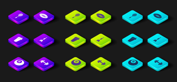 设置台球、斯诺克球、哑铃、健身摇壶、飞镖箭、美式足球和网球拍图标。向量图片下载