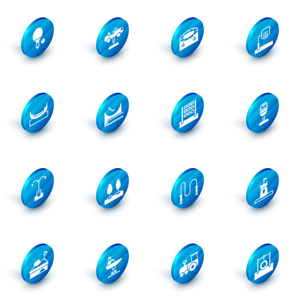 设置秋千车，跳跃蹦床，篮球篮板，船秋千，街灯，滑板公园，垃圾桶和Tic tac toe游戏图标。向量图片下载