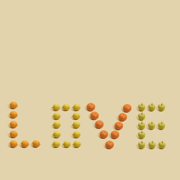 图案搭配柑橘类水果和苹果。以淡黄色为背景，用柠檬、酸橙、橘子和苹果写成的“爱”字。图片下载