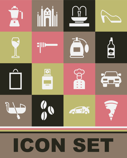 设置披萨片，汽车，瓶子橄榄油，喷泉，意大利面，葡萄酒杯，咖啡壶和香水图标。向量图片下载