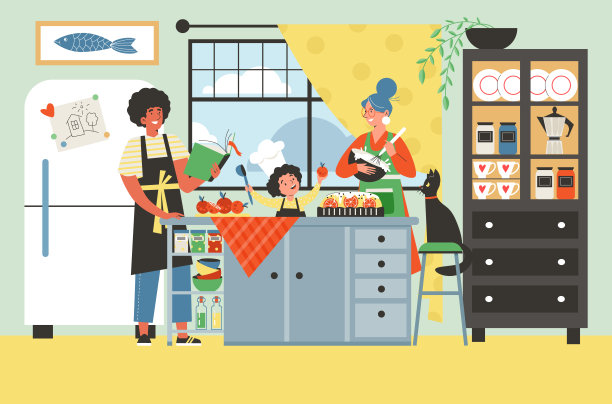 家庭与孩子在家烹饪糕点，扁平风格矢量插画图片下载