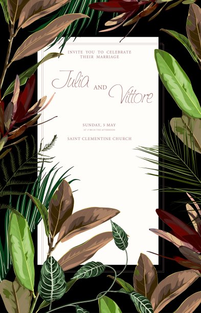 带有热带树叶的装饰框架。异国色彩斑斓的玉兰，白玉兰卡模板。新潮设计的海报或贺卡。情人节卡片。图片下载