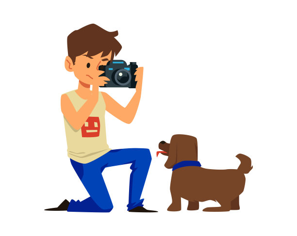 可爱的男孩拍摄狗与专业相机，平面矢量插图孤立在白色背景。图片下载