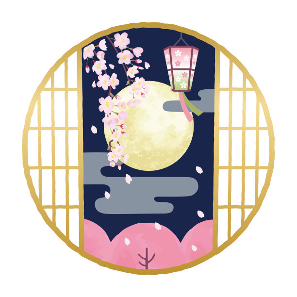 日式传统障子窗樱花景色插画，日本京都府图片下载
