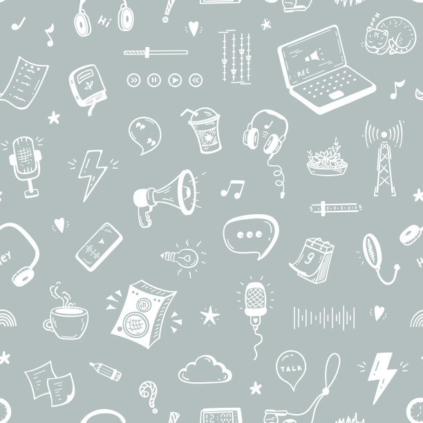 社交媒体，互联网，播客显示涂鸦图标矢量无缝模式。背景与不同的播客设备和项目。电台主持人或博客的工作场所。图片下载