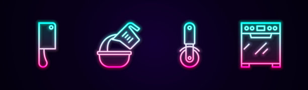 集切肉机、量杯碗、披萨刀、烤箱于一体。发光的霓虹灯图标。向量图片下载