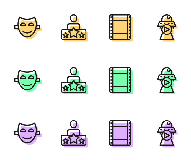 集线播放视频，喜剧戏剧面具，演员明星和科幻偶像。向量图片下载