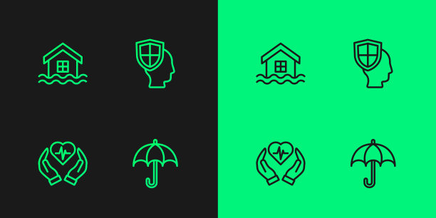 设置线伞，人寿保险，房子洪水和盾图标。向量图片下载