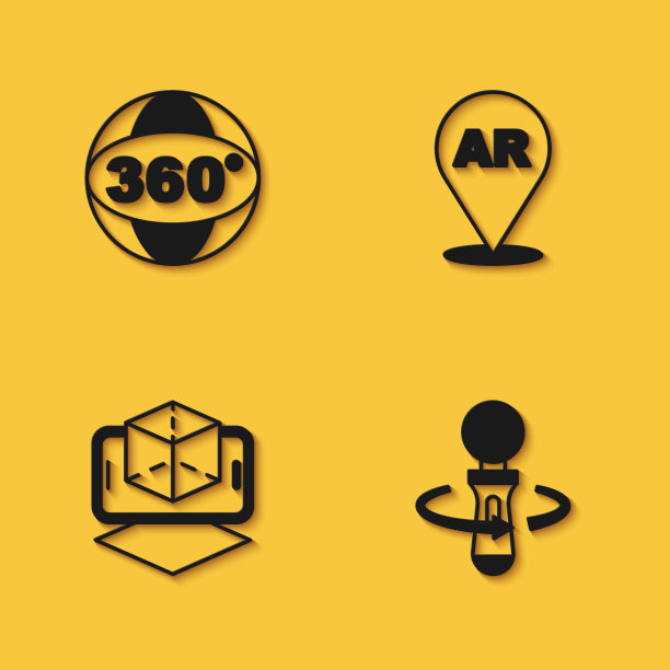 设置360度视角，VR控制器游戏，3d建模和AR长阴影增强现实图标。向量图片下载