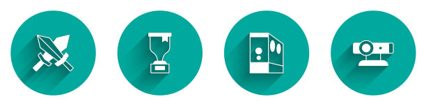 设置剑游戏，奖励杯，电脑机箱和网络相机图标与长阴影。向量图片下载